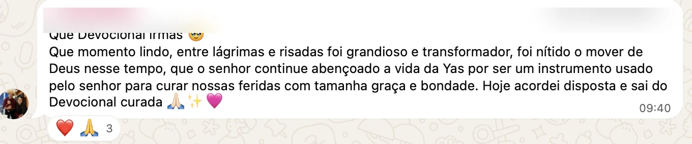 Relato de um devocional transformador, entre lágrimas e risadas, e de cura pela graça de Deus.